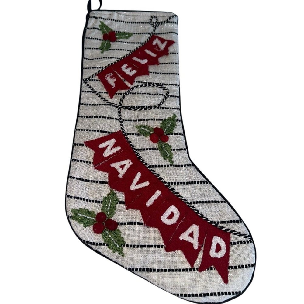 Max Studio Home Feliz Navidad Stocking Holiday Embroidered Appliqué 3D White Red